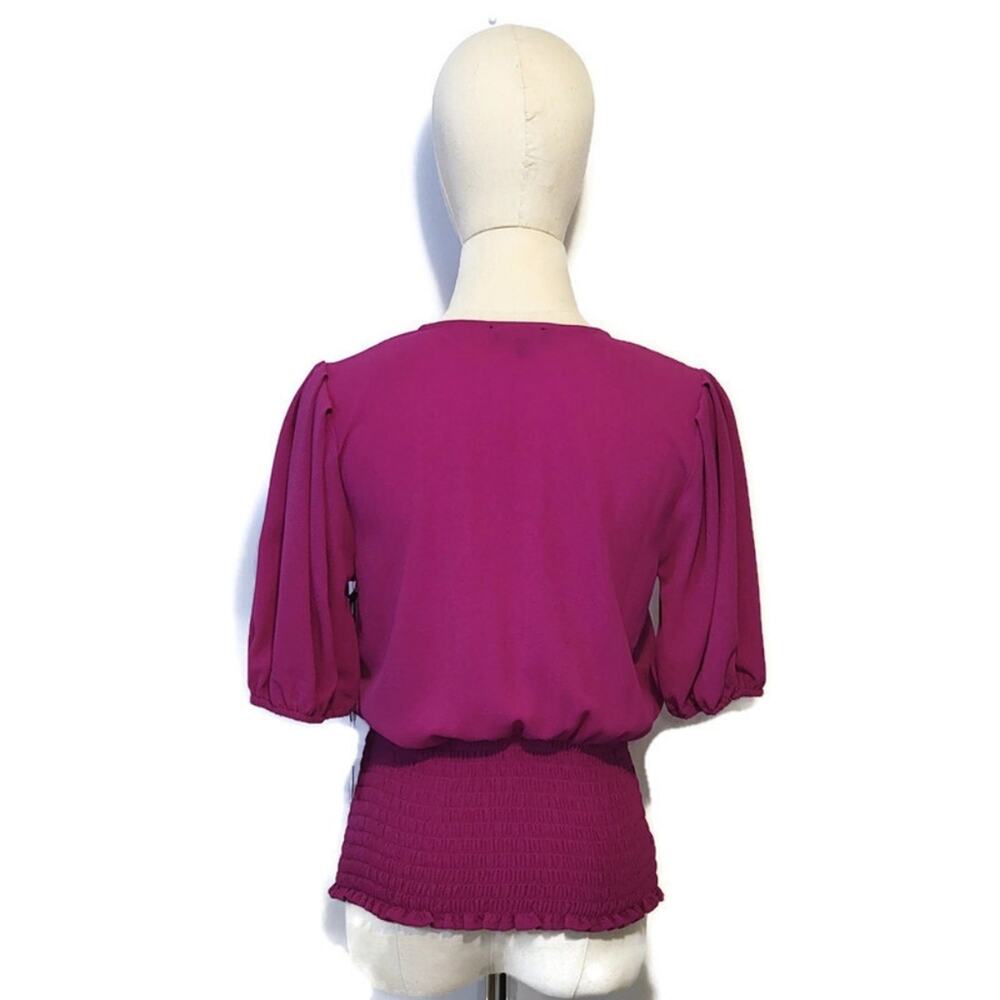 1.STATE Faux Wrap Blouse Smocked Waist Puff Sleeve Pink Women's Small NWT - Picture 6 of 11